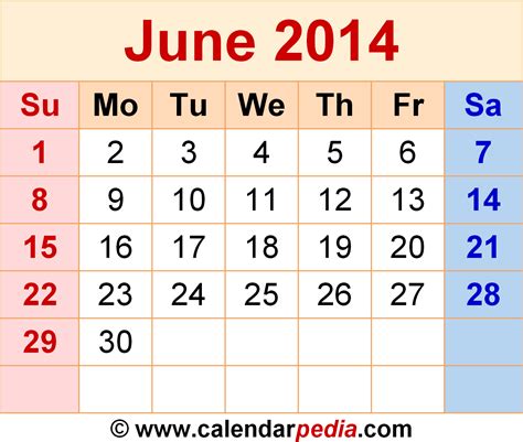 Calendar Of June 2014